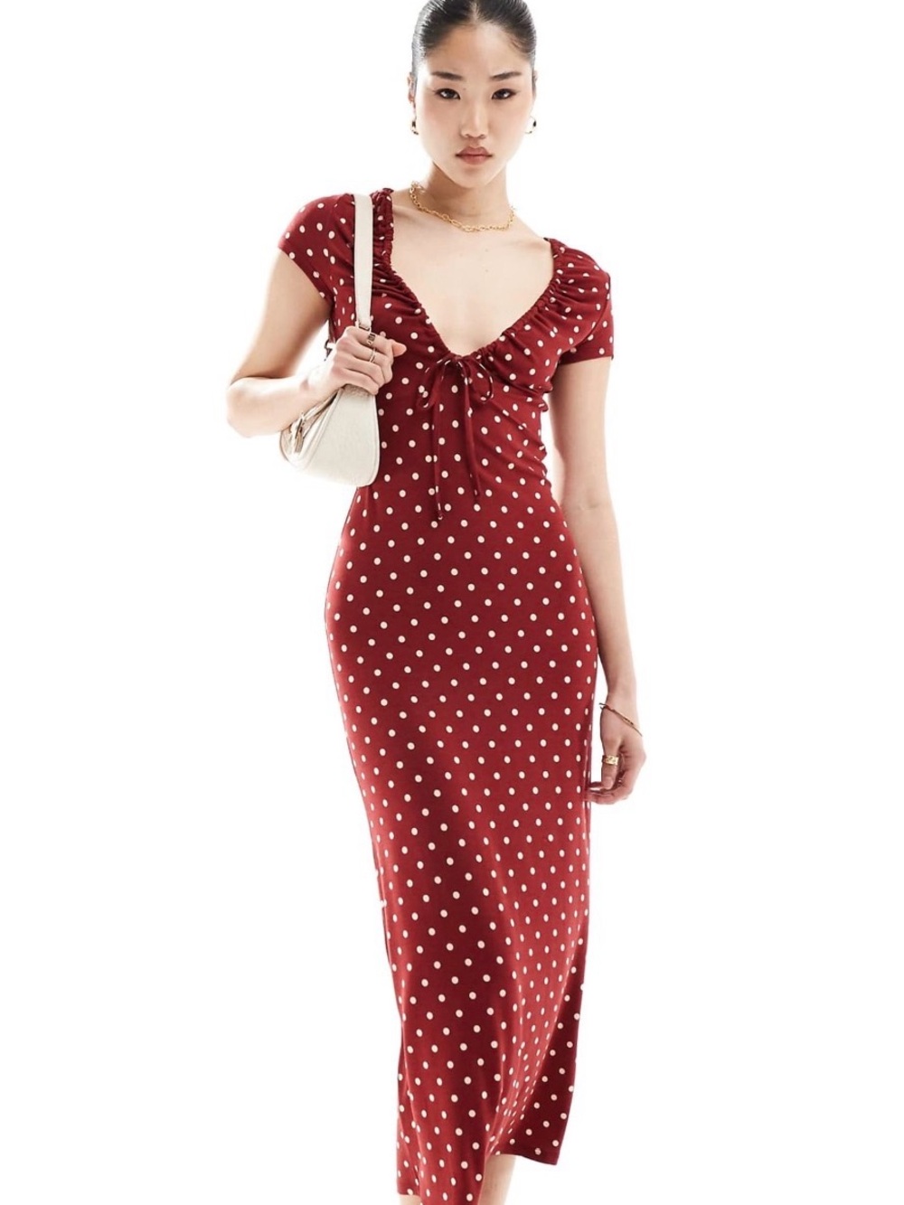 ASOS Burgundy Polka Dot Midi Dress with Tie-Front